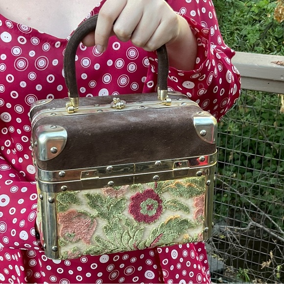 Vintage brown floral brocade tapestry brass hardware box purse handels - Picture 14 of 14